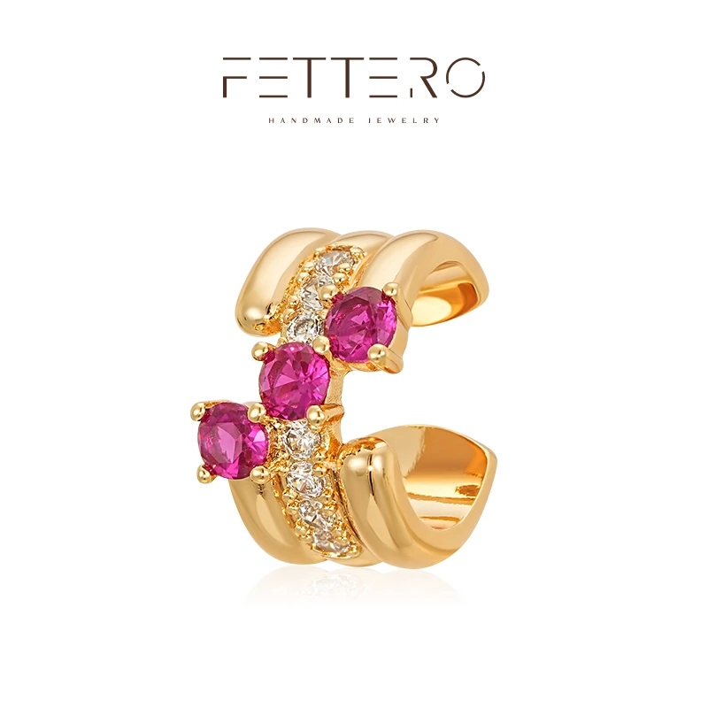 fettero 铜合金耳饰 【金色红锆衔三环耳夹】气质轻奢小众