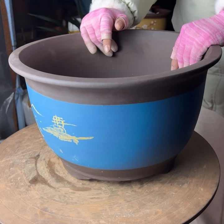 紫砂宜兴紫砂花盆36蓝山水