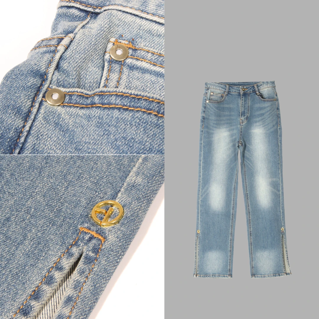 凯特丝蓓#584侧开叉牛仔裤复古蓝色直筒长裤中腰弹力女士1-1070