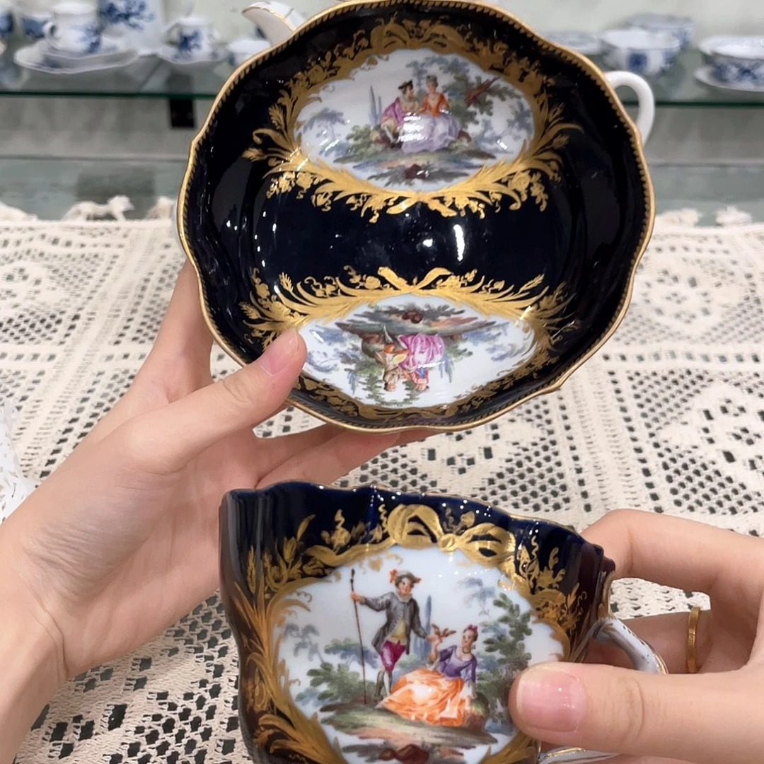 摆件中古一等钴蓝开窗人物咖啡杯碟