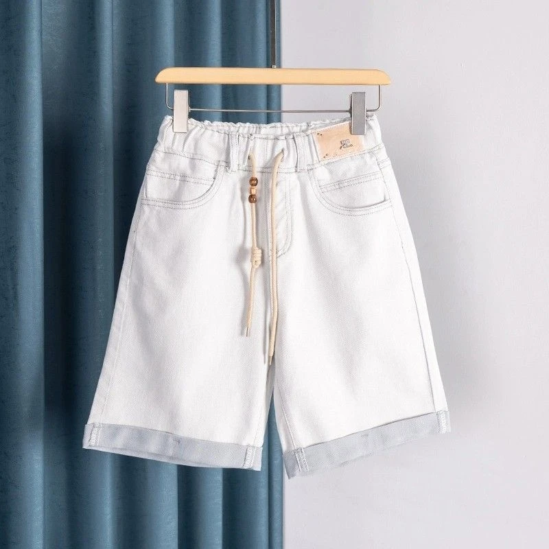 牛仔短裤女夏季薄款高腰宽松显瘦松紧腰大码胖mm阔腿裤五分裤热裤