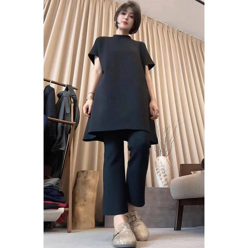 欧洲站2025夏季新款韩系百搭宽松中长款T恤女高腰纯色休闲裤套装