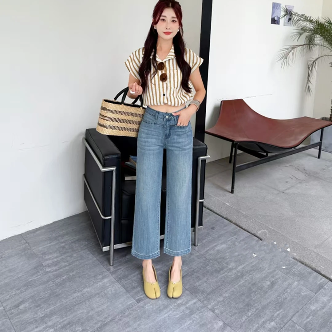 大码7分阔腿牛仔裤女薄款胖mm宽松七分裤子显瘦微胖7分直筒百搭