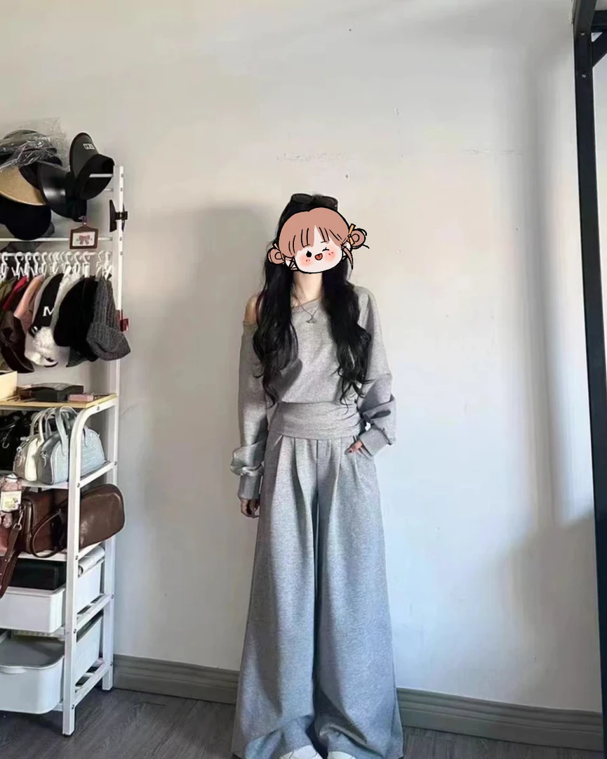 韩系氛围感灰色休闲运动套装女春季短款收腰斜肩上衣阔腿裤两件套