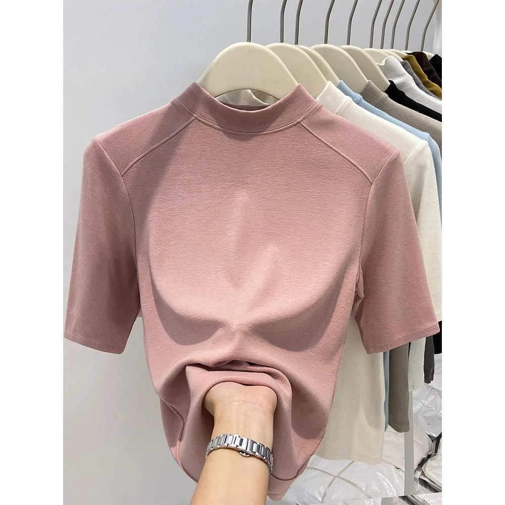 德绒半高领女士内搭打底衫五分袖秋冬新款洋气中袖t恤上衣女