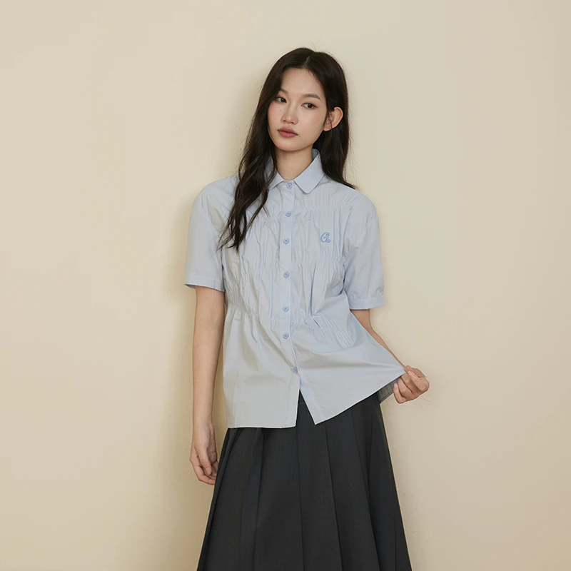 原野空间GRASS SPACE 日系简约浅蓝短袖衬衫甜美褶皱设计感女衬衣