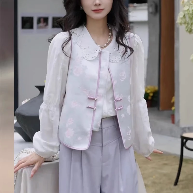 新中式国风印花盘扣背心马夹女2025新款春季优雅复古马甲衬衫套装