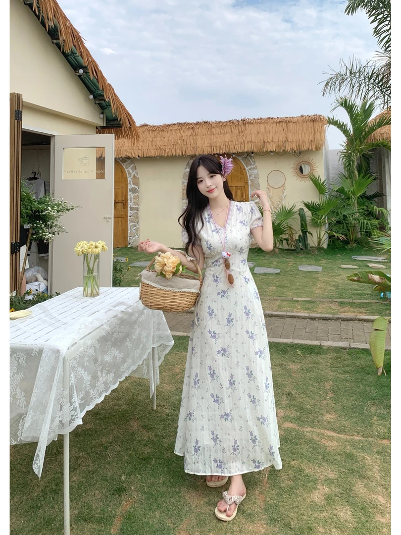 大码夏季小清新法式短袖连衣裙女梨形身材碎花裙胖MM遮肚显瘦裙子