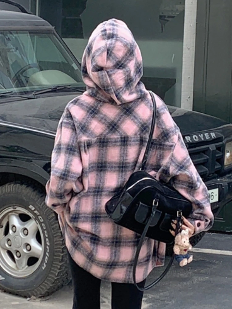 oversize粉色格纹连帽衬衫外套女秋冬韩系宽松bf慵懒风中长款外套