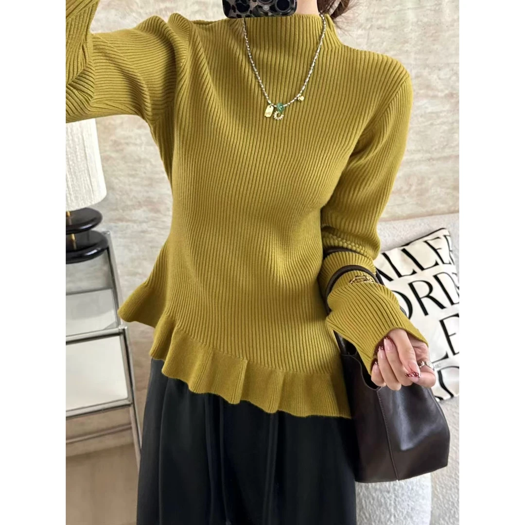 SP 半高领针织打底衫毛衣女内搭秋冬显瘦不规则别致上衣内搭打底