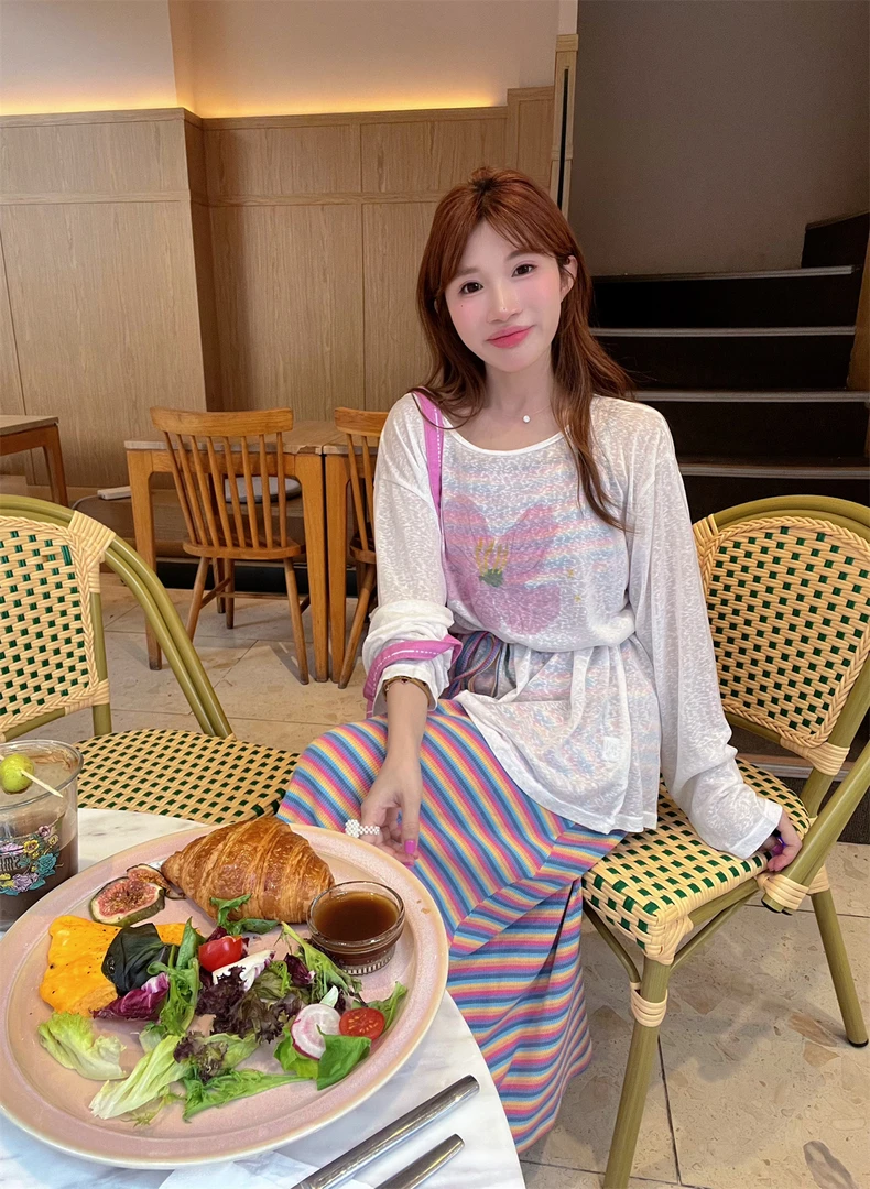 JENNIFER JXLIU 粉红色花朵防晒衫+撞色条纹吊带连衣裙女收腰长裙