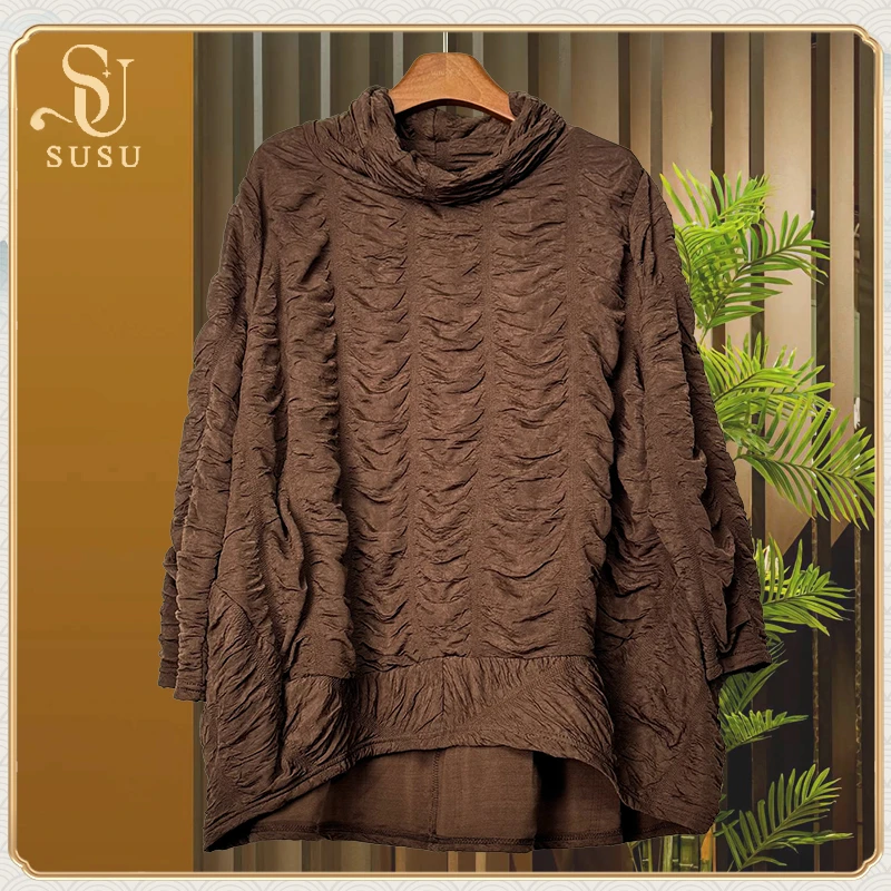 （QQ）173#1835-可可棕肌理堆堆领不规则下摆上衣-F