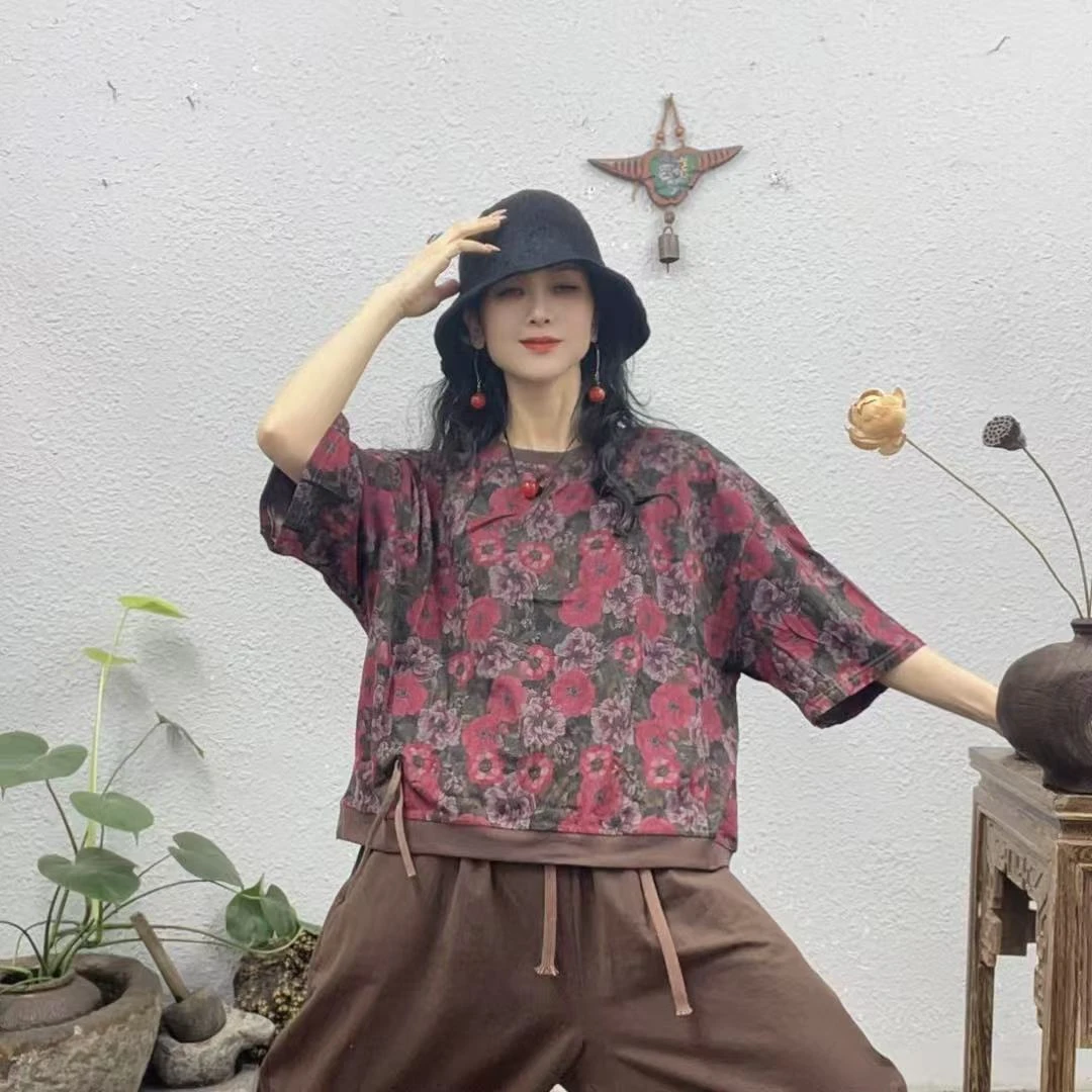 1277红色花色左侧抽绳圆领上衣（长58胸围126