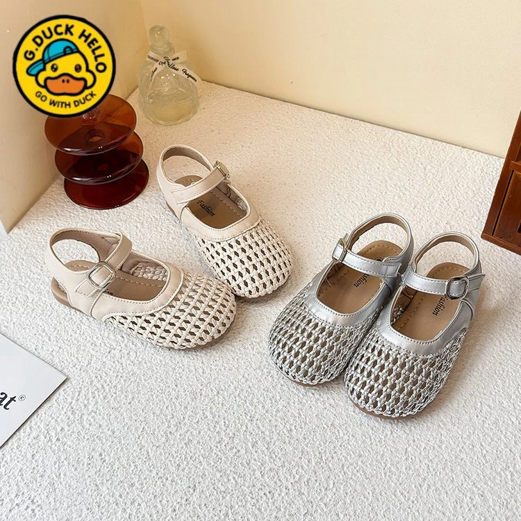 小黄鸭韩系女童包头凉鞋2025夏季宝宝新款编织镂空鞋软底小香风公