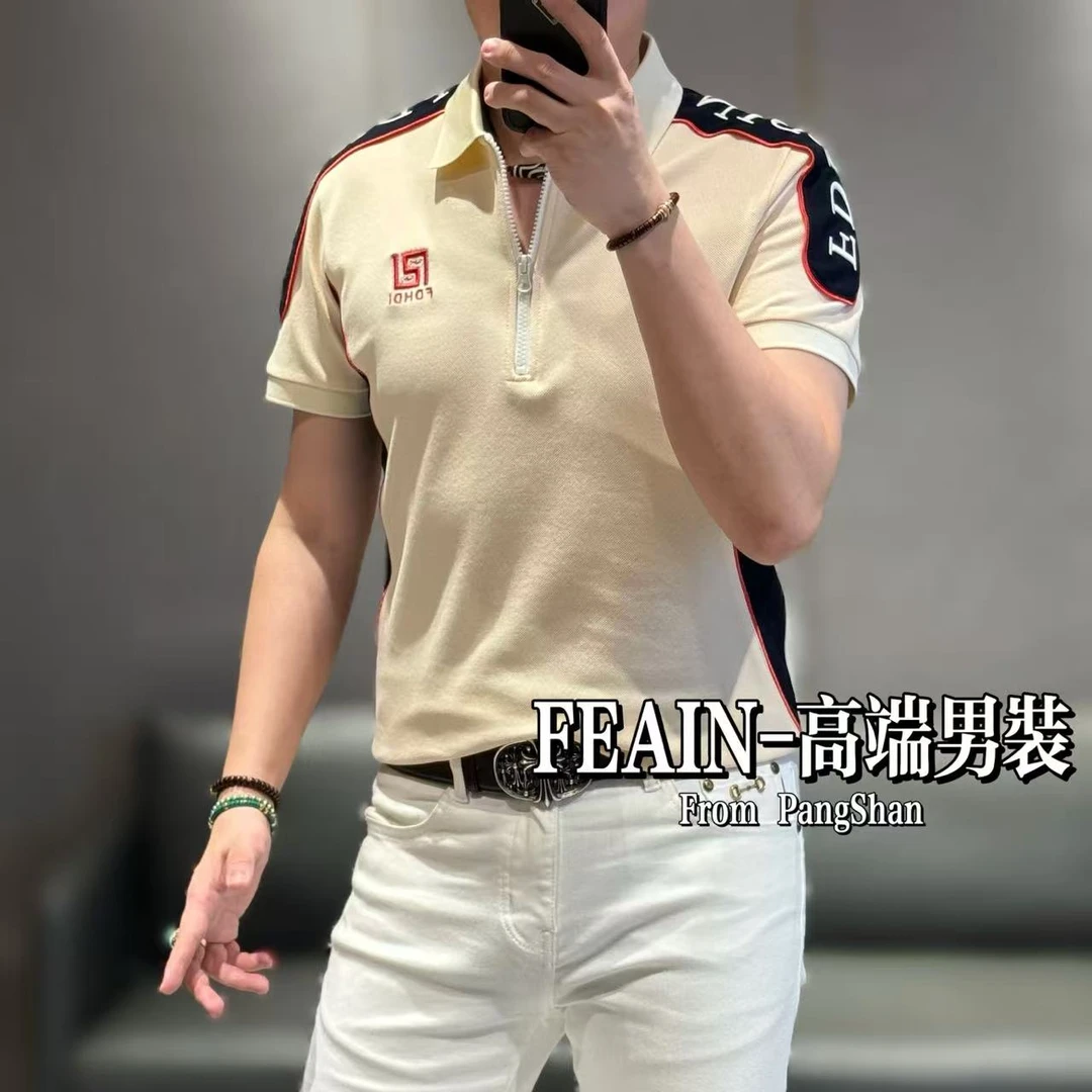 高端定制全手工立体拼接百灵达刺绣肩膀字母男士短袖Polo8520
