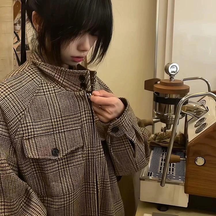 8351 千鸟格小香风中性外套男女哈灵顿短宽夹克设计感上衣