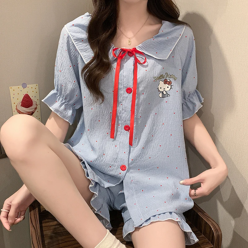 甜美少女Kitty猫短袖短裤睡衣女夏季甜美可爱风开衫家居套装4117