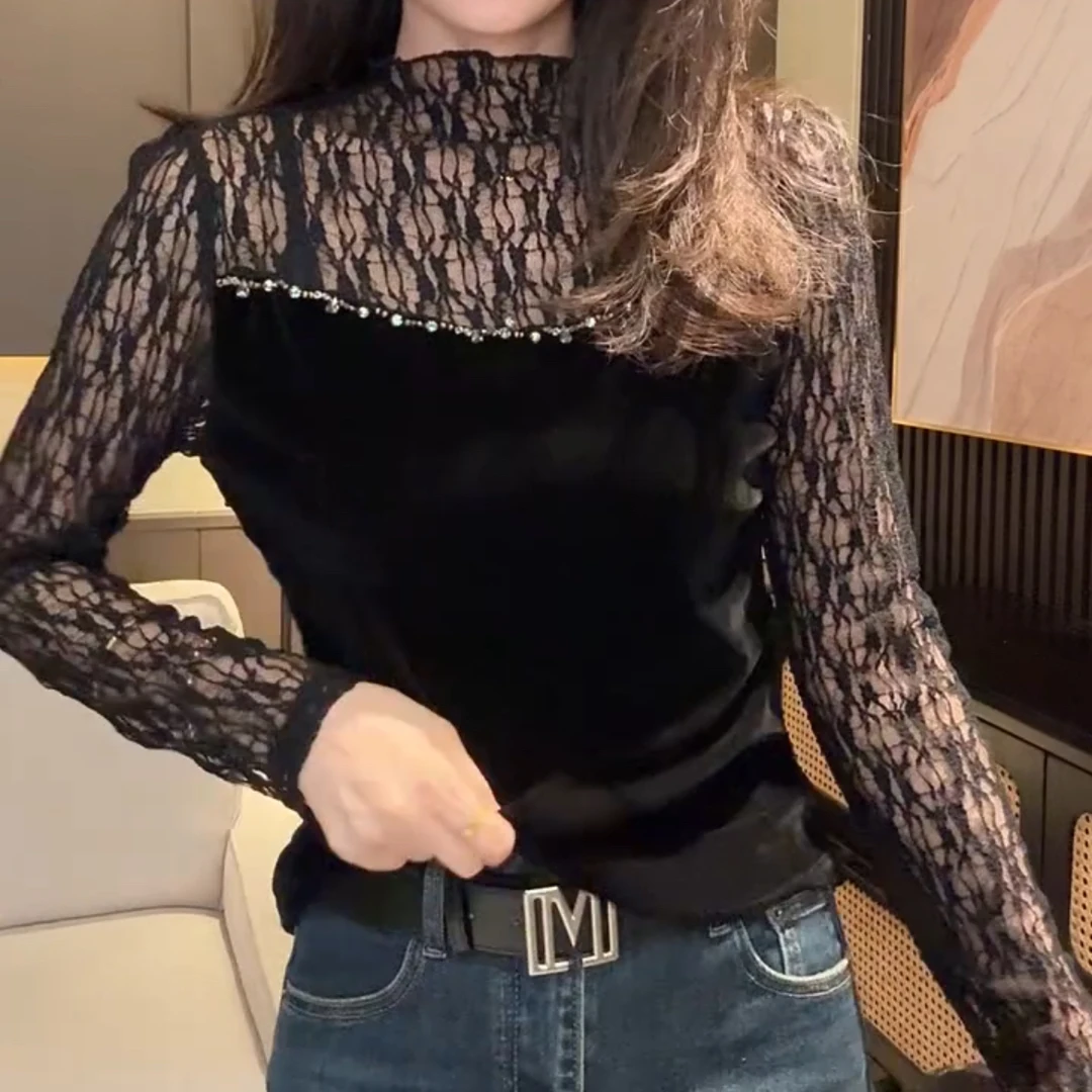 欧货新款洋气蕾丝拼接丝绒百搭显瘦小衫上衣