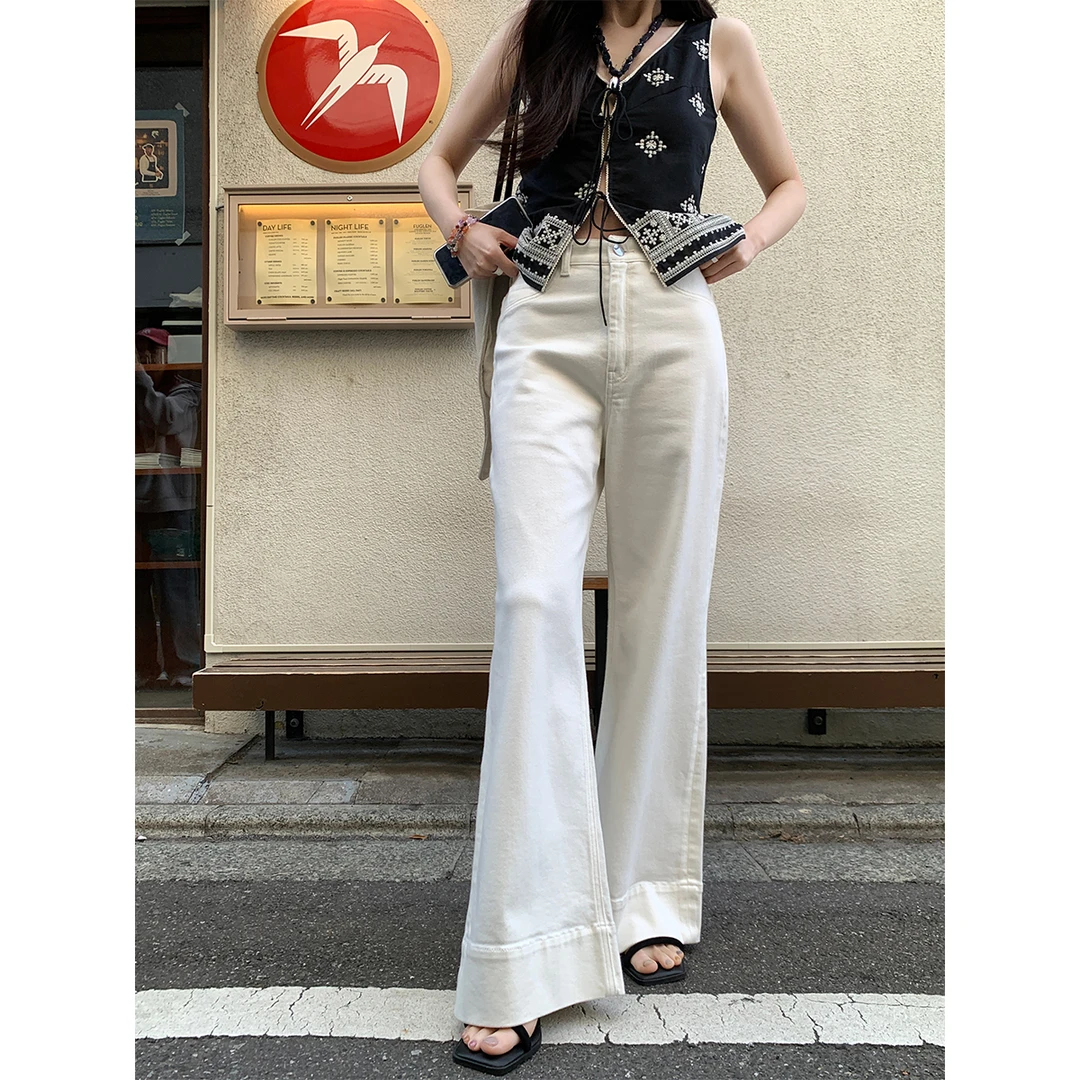 夏诗文 棉感水洗宽松微喇牛仔裤女显瘦垂感白色长裤