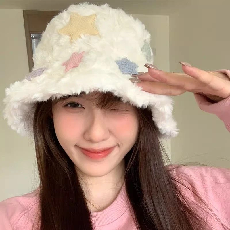 韩版彩色星星毛绒渔夫帽子女冬季氛围感加厚护耳帽大头围保暖盆帽