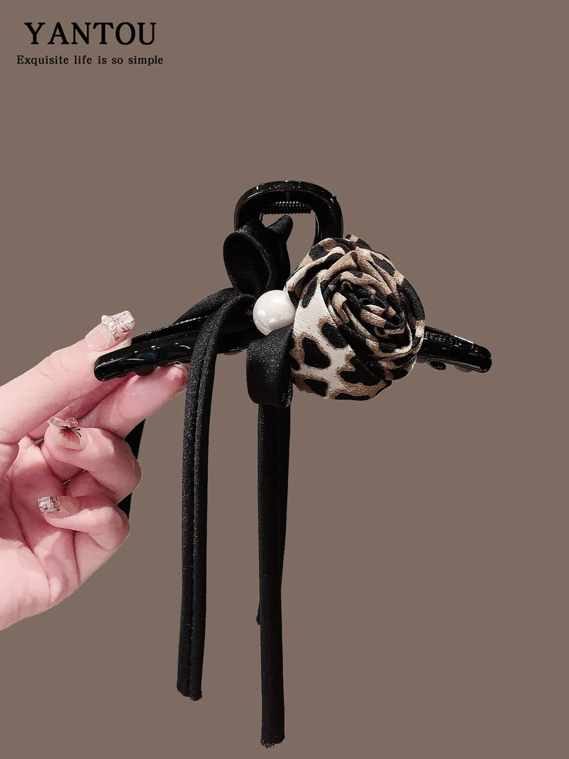 韩版东大门秋冬时尚发饰豹纹玫瑰花大号抓夹蝴蝶结盘发鲨鱼夹发卡