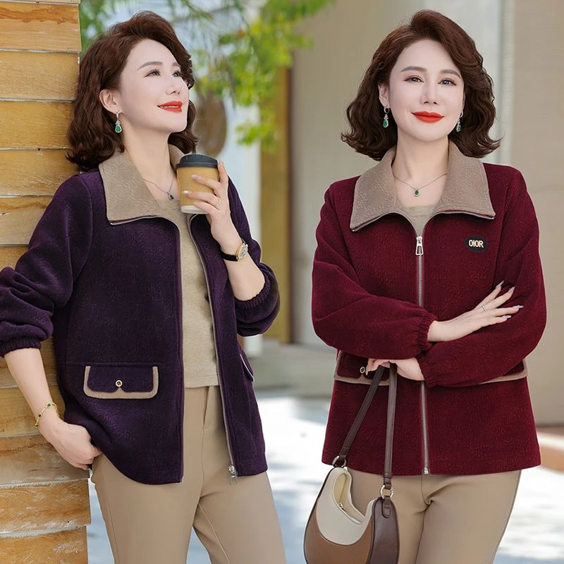 高档妈妈装春季新款时尚灯芯绒翻领外套春秋中年女士洋气休闲外套