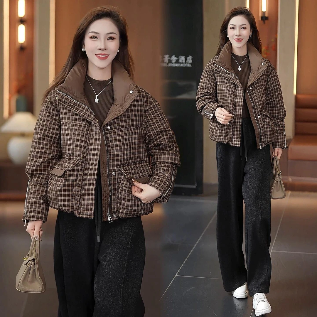 格子短款羽绒棉服女2025冬季新款韩版宽松加厚保暖显瘦洋气外套潮