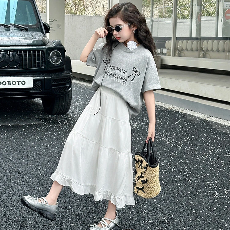 女童短袖洋气时尚套装裙2025新款夏季女大童裙子儿童白色半身裙