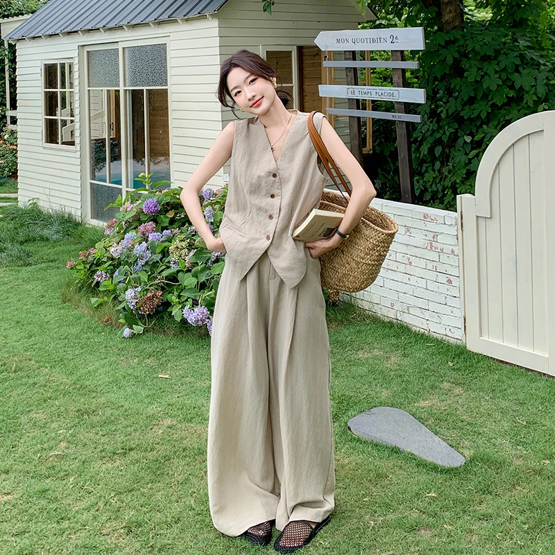 韩系气质慵懒松弛高级感套装女2025夏季新款无袖上衣阔腿裤两件套