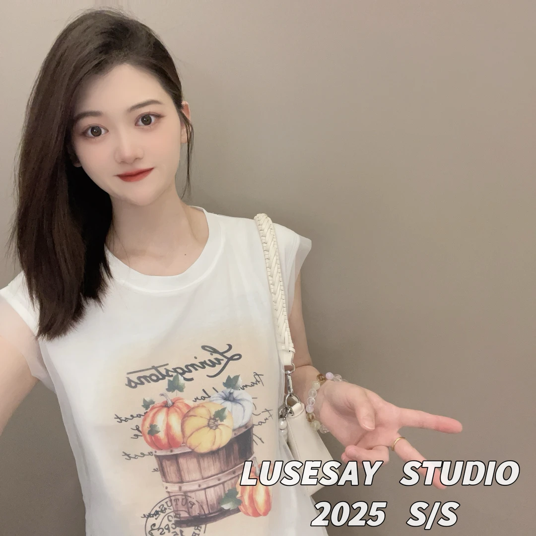 LUSESAY 印花设计感网纱外搭 夏季2025新款坎肩t恤女百搭休闲上衣