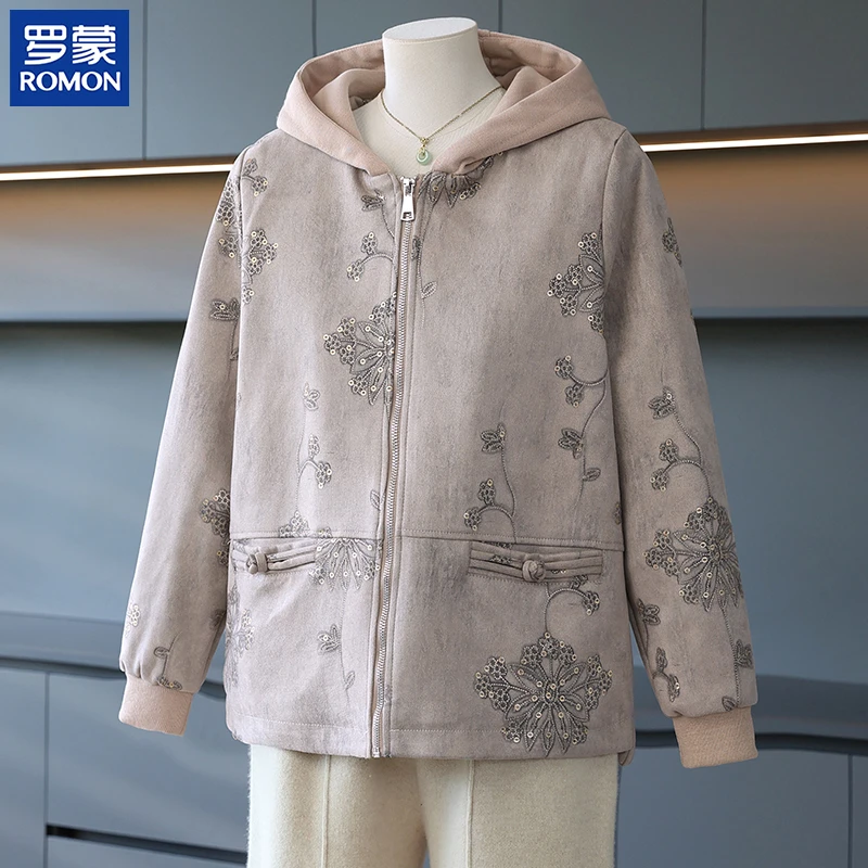 罗蒙妈妈秋装绣花外套新款中年连帽休闲夹克中老年女秋季时尚上衣