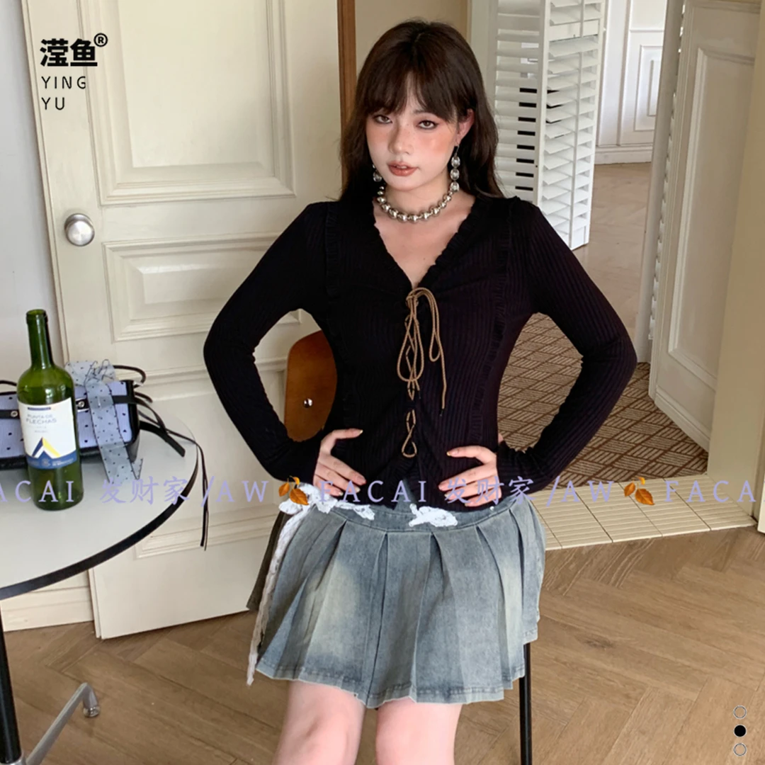 发财 FC126大码秋季长袖针织衫时尚百搭花边显瘦女设计感小众上衣