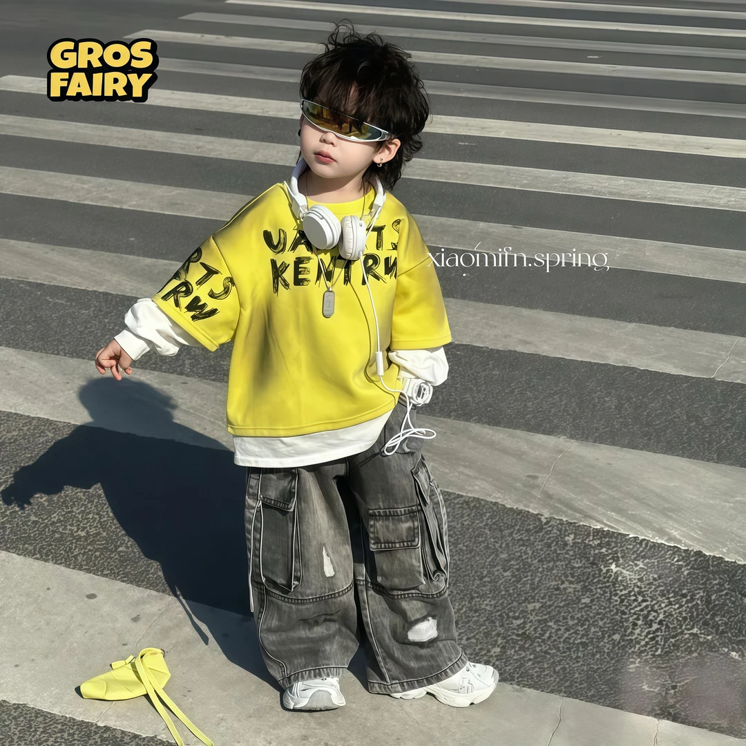 grosfairy春季新款潮拼接卫衣牛仔裤韩版男童洋气宽松T恤字母套装