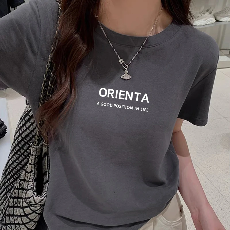 夏季韩版时尚正肩纯棉短袖t恤女2025新款爆款宽松洋气印花ins上衣