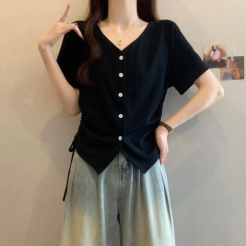 独不规则正肩短袖T恤女夏季大码微胖妹妹设计感抽绳V领遮肚子上衣