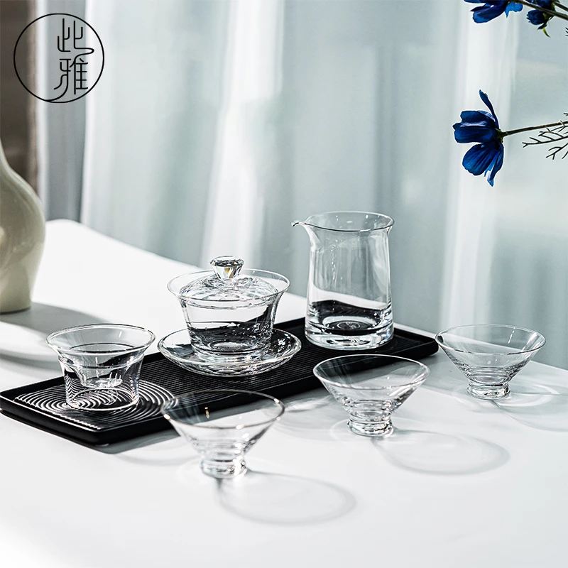 「此雅」轻奢无铅水晶茶具套组悬停盖碗公道杯手工耐热加厚防烫