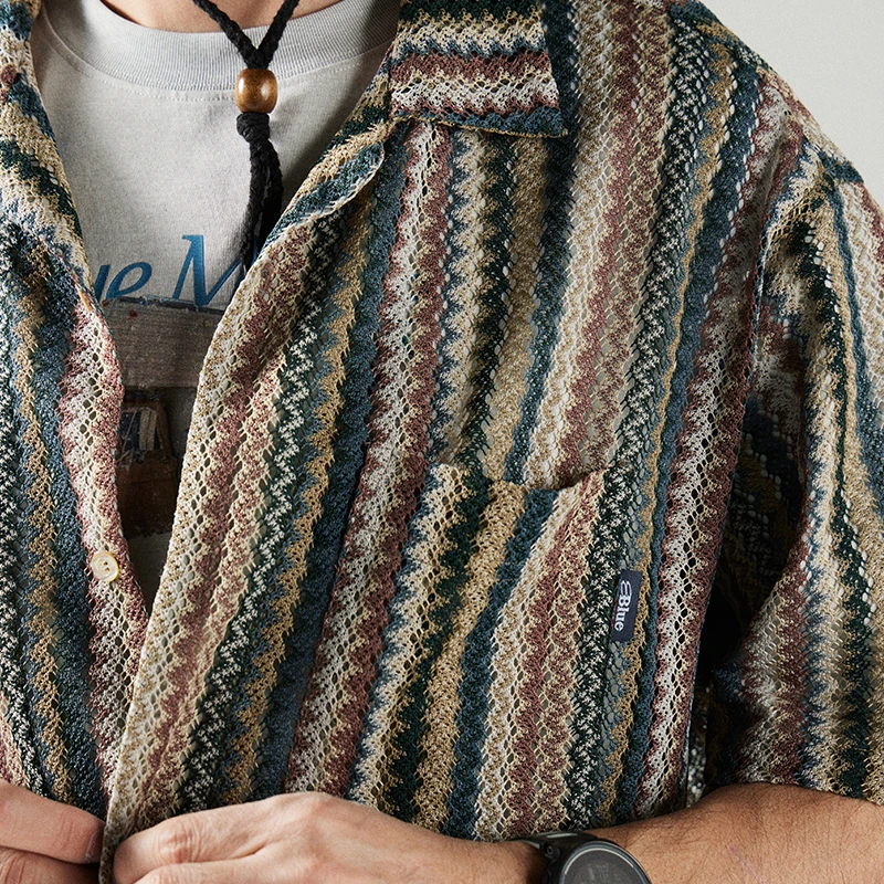 蓝岐彩色条纹复古度假短袖2025夏季新款古巴领透气翻领衬衫男