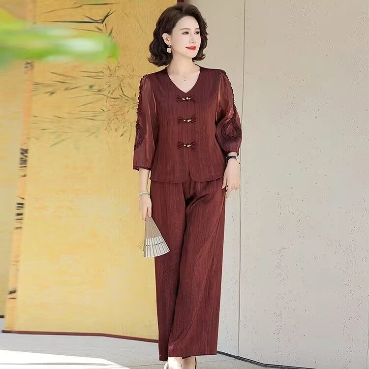 妈妈装新中式时尚套装阔腿裤春夏新款气质高档中年女士显瘦两件套