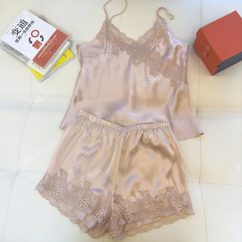 【日月禾】100%桑蚕丝重磅蕾丝吊带短裤套装大码SA914
