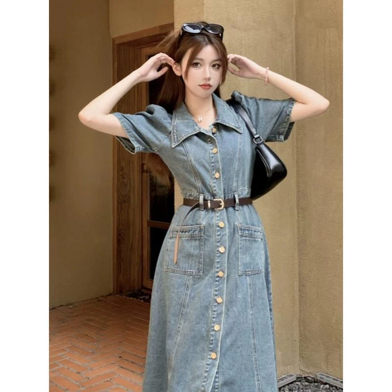 大码女装气质牛仔连衣裙女夏季2025新款胖显瘦遮肚裙子字长裙
