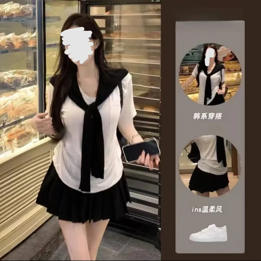 公主 夏季新款大码纯色披肩短袖T恤高腰百褶裙显瘦套装25126