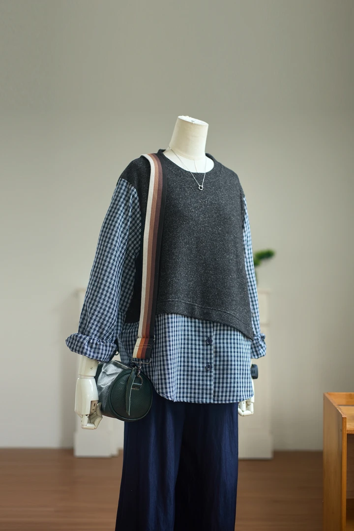 琴川谷假两件针织衫女秋季新款设计洋气减龄格子拼接长袖衬衫上衣