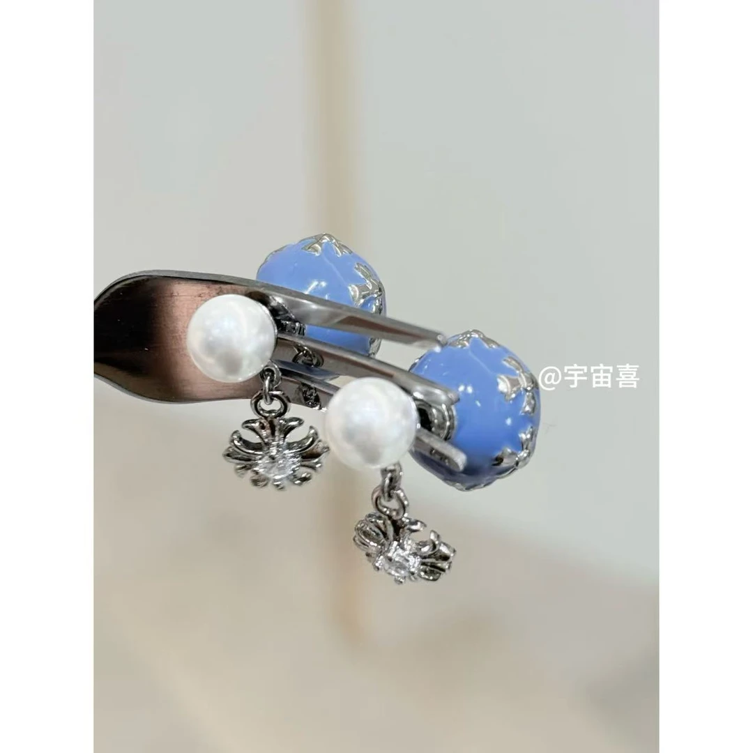 铜合金珐琅耳饰 A1-119夏加尔蓝米子花贝珠珐琅前后耳钉