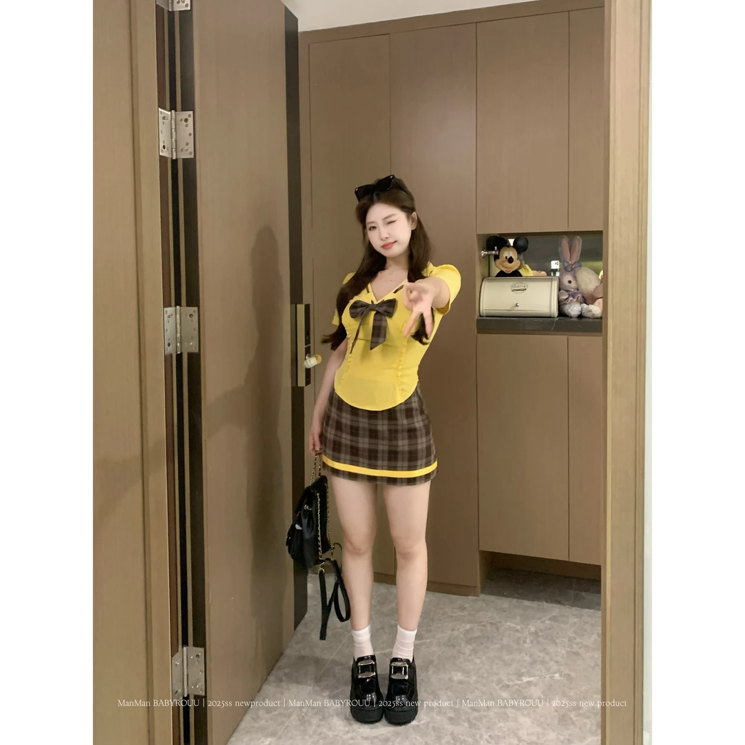 温与柔蔓蔓【加州女高】夏季新款美式甜辣蝴蝶结格纹短裙两件套