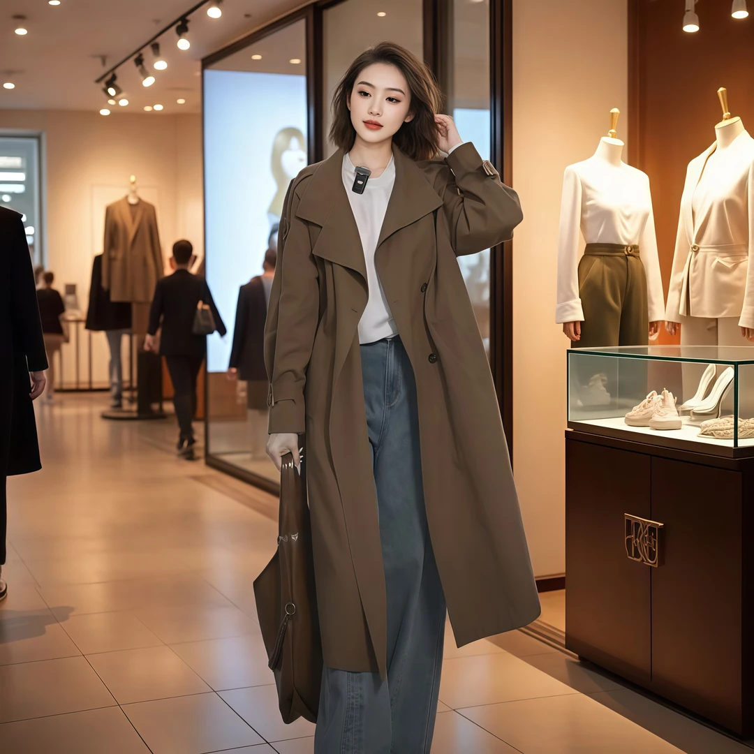 街头风宽松翻领长袖春秋立领中长款风衣气质秋季时尚休闲百搭外套