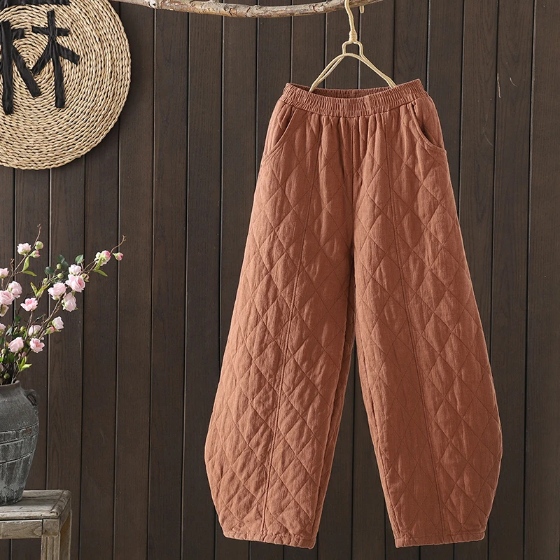 2025冬季新款复古松紧腰夹棉裤绗缝橘色菱形加厚保暖灯笼裤外穿女