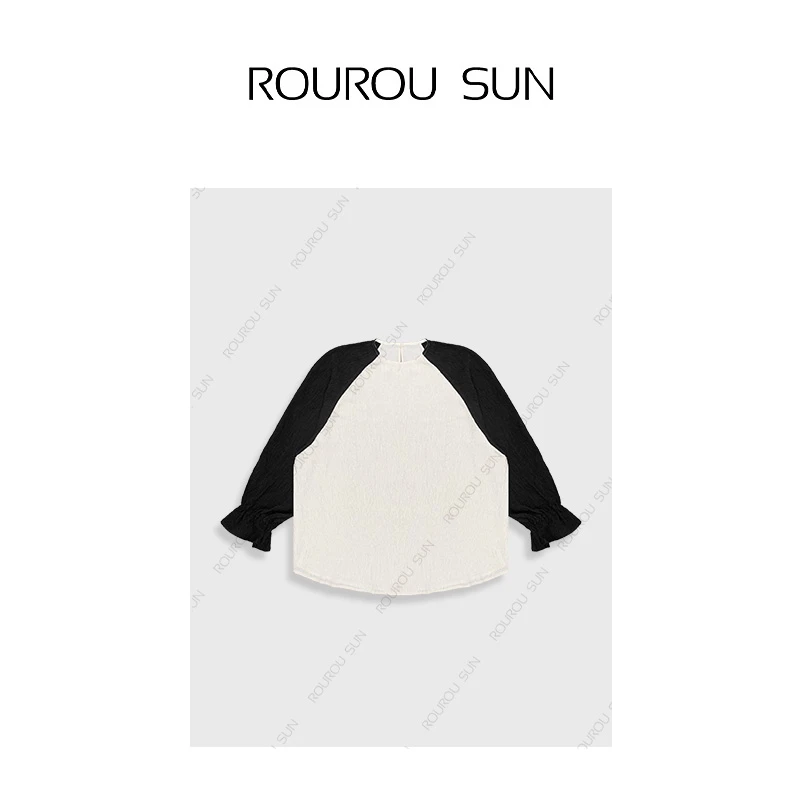 23573高级感拼色休闲圆领长袖T恤女