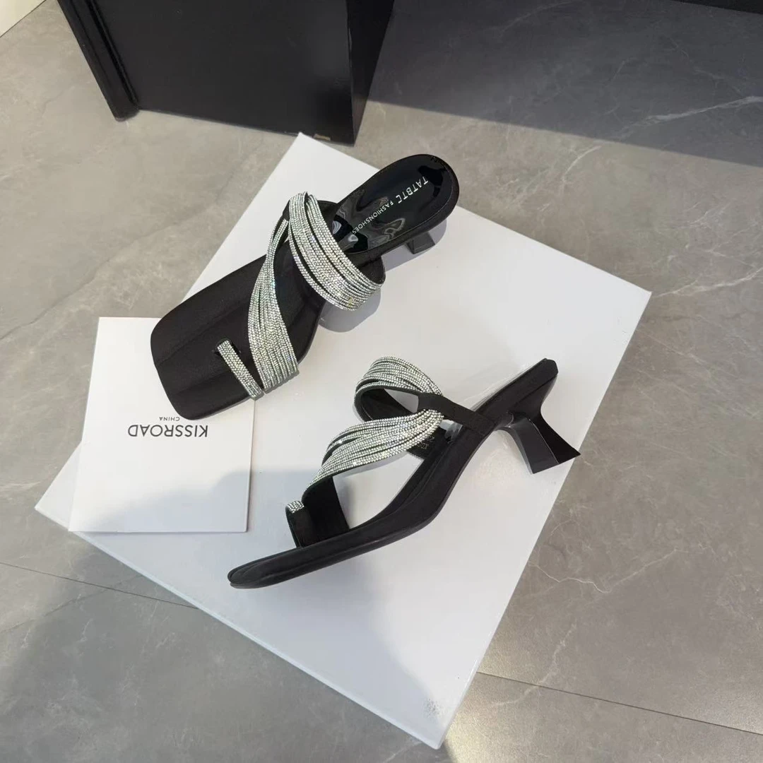 【5厘米】水钻一字带套趾高跟拖鞋女外穿2025新款夏季时尚粗跟凉拖