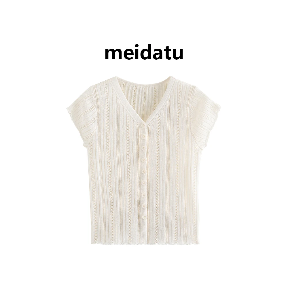 美哒兔（松弛舒适）纯色镂空v领针织短袖（小个子版）BM454-5H