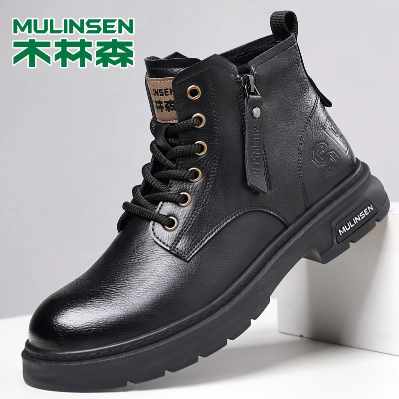木林森男鞋马丁靴高帮户外工装短靴加绒保暖软皮加厚棉皮鞋雪地靴